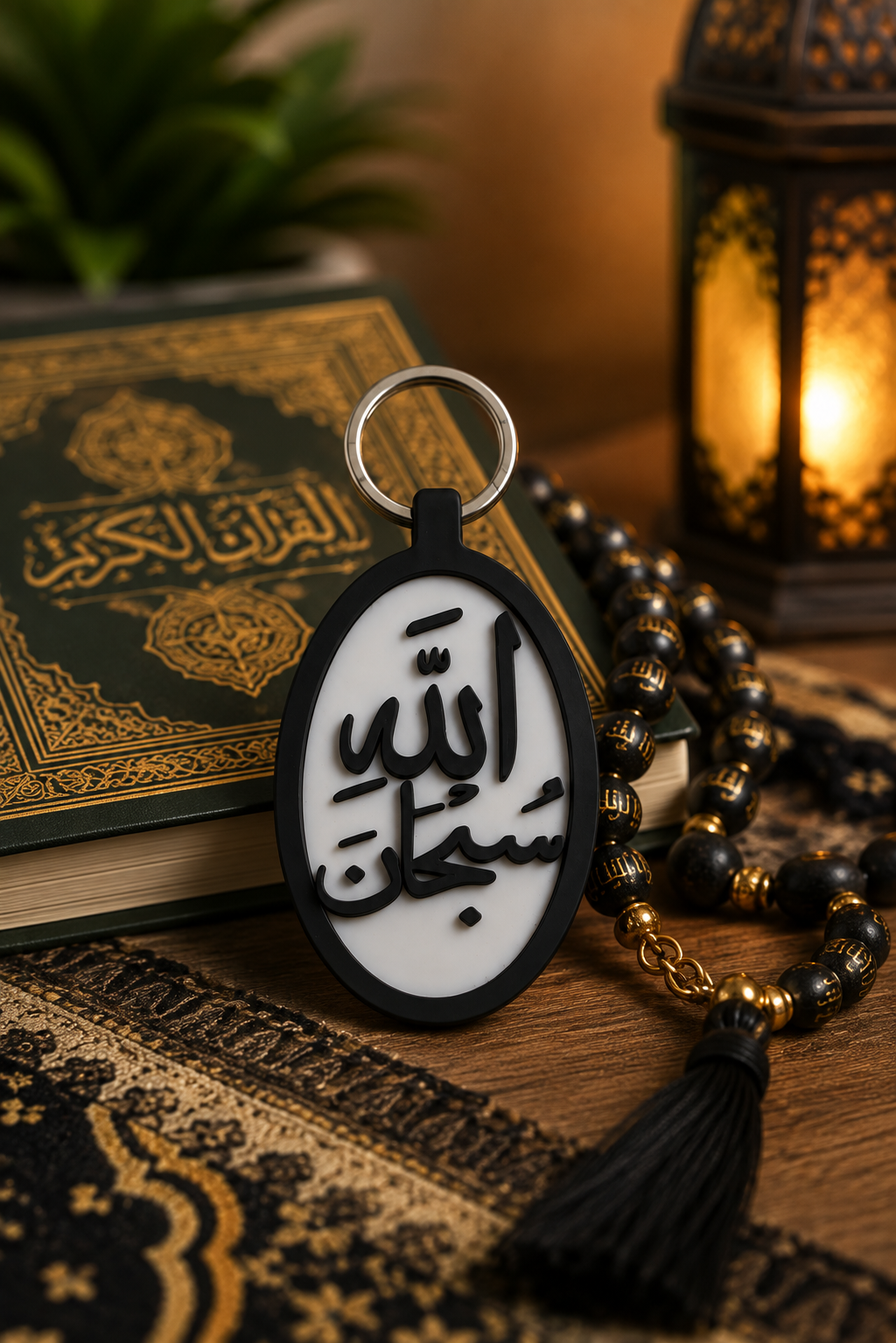 Subhanallah Islamic Arabic calligraphy keychain displayed with prayer beads
