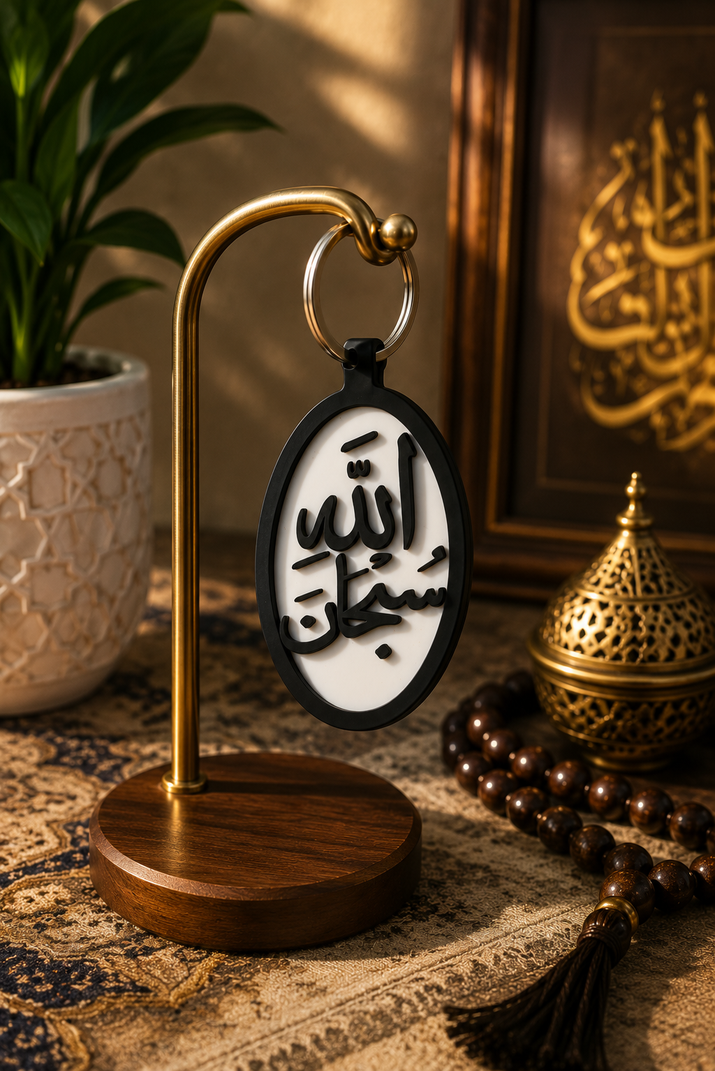 Subhanallah Islamic Arabic calligraphy keychain displayed on an elegant stand