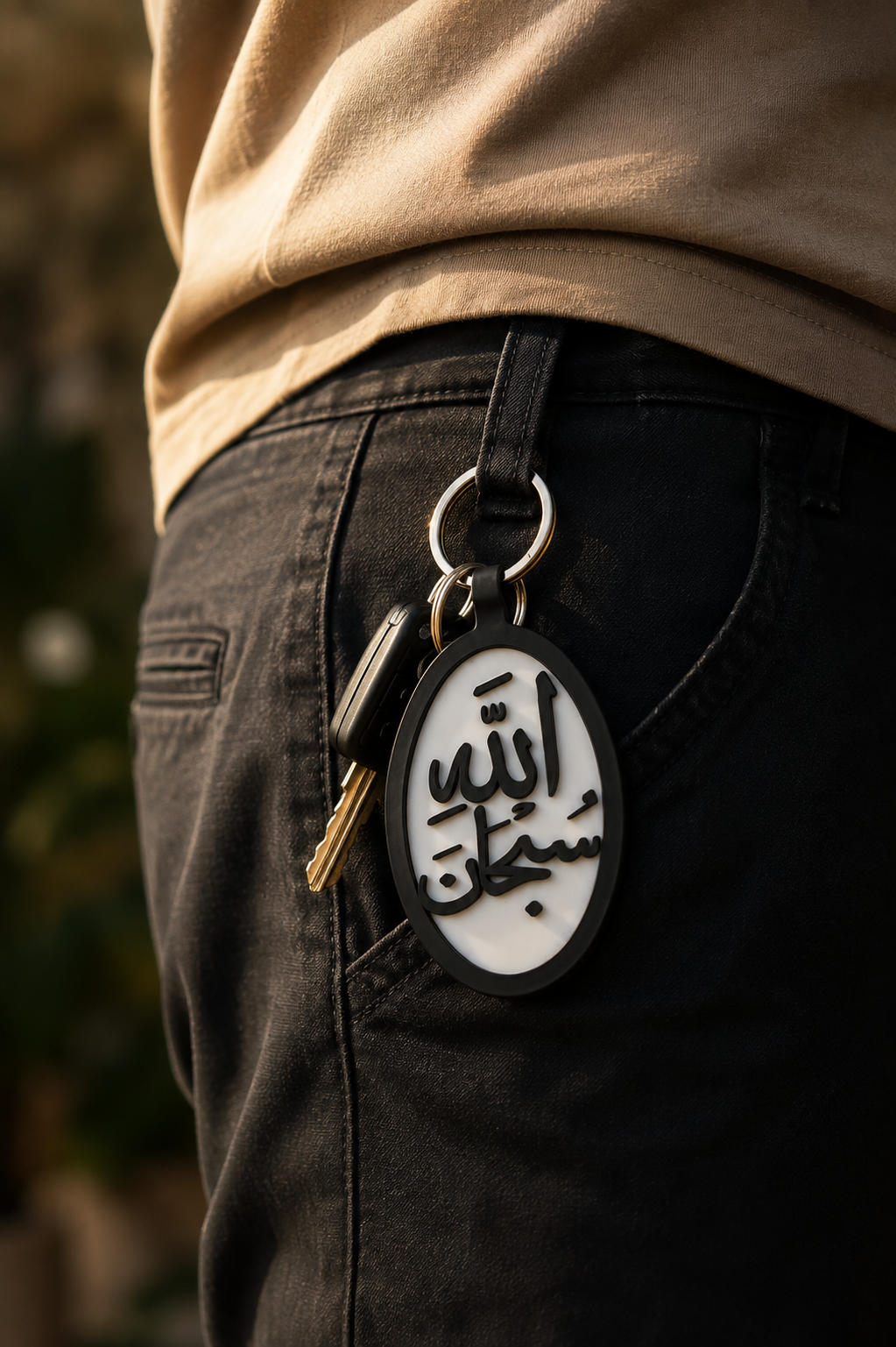Subhanallah Islamic Arabic calligraphy keychain hanging from a man's pants pocket