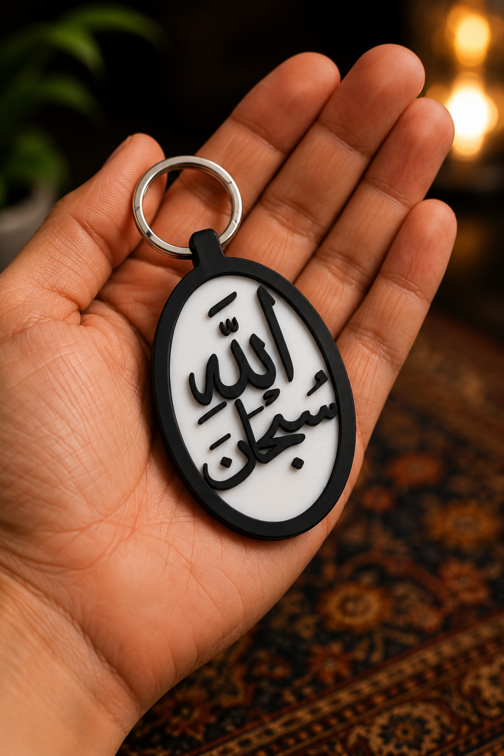 Subhanallah Islamic Arabic calligraphy keychain by TREEDKW held in hand